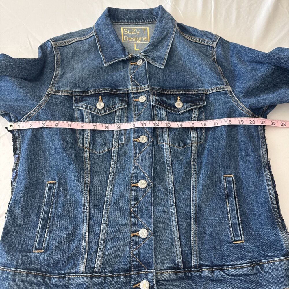 Suzy T Designs Sz L Lace Back Denim Jacket Blue Statement Couture Floral Boho - Picture 13 of 16